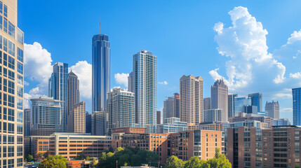 Obraz premium Panoramic view of the city skyline with tall buildings in downtown, Georgia, on a sunny day, with a blue sky.