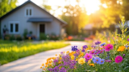 Fototapeta premium Vibrant Blooming Flowers in Front of a Charming Cottage Surrounded by Lush Greenery on a Bright Sunny Day Evoking a Peaceful Homely Atmosphere