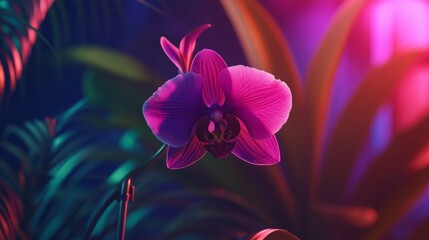 Vibrant pink orchid in full bloom, bathed in neon light.  The rich colors and dramatic lighting create a captivating image.