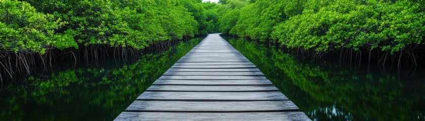 Obraz premium Scenic Wooden Walkway Guiding Visitors into Lush Mangrove Forest Surrounded by Vibrant Greenery and Tranquil Waters Under a Bright Blue Sky