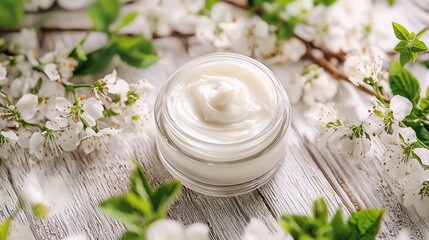 Natural Cream Surrounded by Blossoming Flowers on Wooden Table