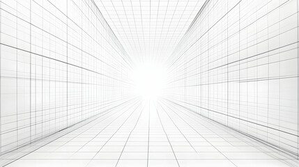 White grid hallway, vanishing point, bright light, architectural design, website background