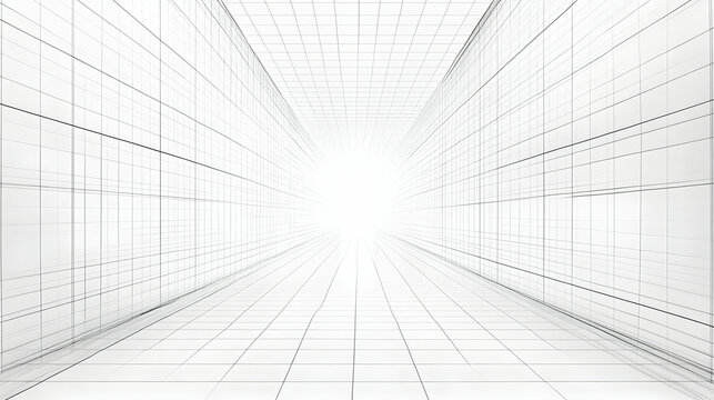 White grid hallway, vanishing point, bright light, architectural design, website background