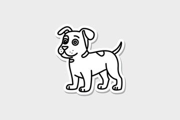 Fototapeta premium Cute puppy dog cartoon sticker with thick black lines, white fill, grey background, and light gray shadow effect. Cheerful, simple drawing, playful