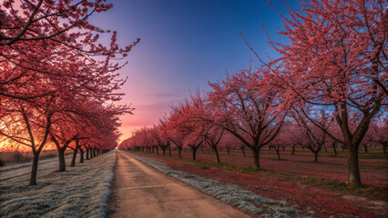 Fototapeta premium serene path lined with blooming cherry blossom trees at sunset