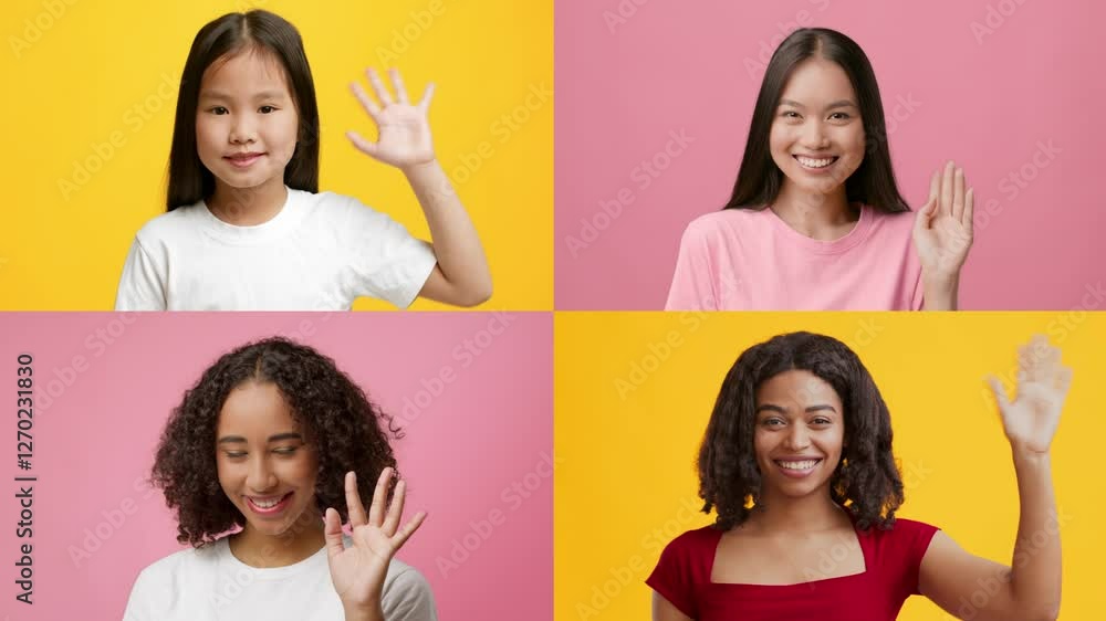 Poster a cheerful collection of individuals from various backgrounds is waving and smiling, celebrating div