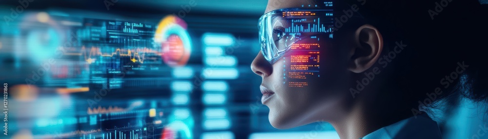Poster futuristic woman in advanced suit engaged with high-tech computer display in a modern urban environm
