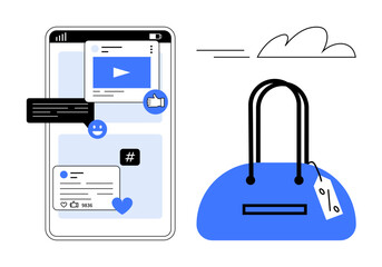 Fototapeta premium Smartphone display with social media icons, notifications, and comments alongside a blue handbag with a price tag. Ideal for e-commerce, social media marketing, fashion industry, online shopping