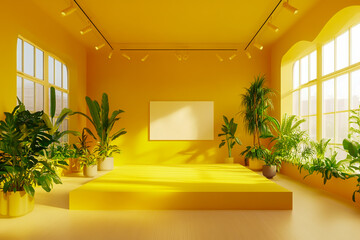 A spacious bright yellow yoga studio featuring an empty stage area in the center, decorated with plants and lights,