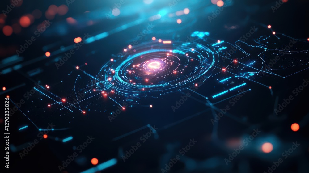 Poster futuristic background featuring a luminous glowing circle surrounded by abstract shapes and vivid co