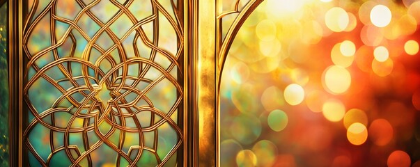 Intricate golden lattice panel with a bokeh background