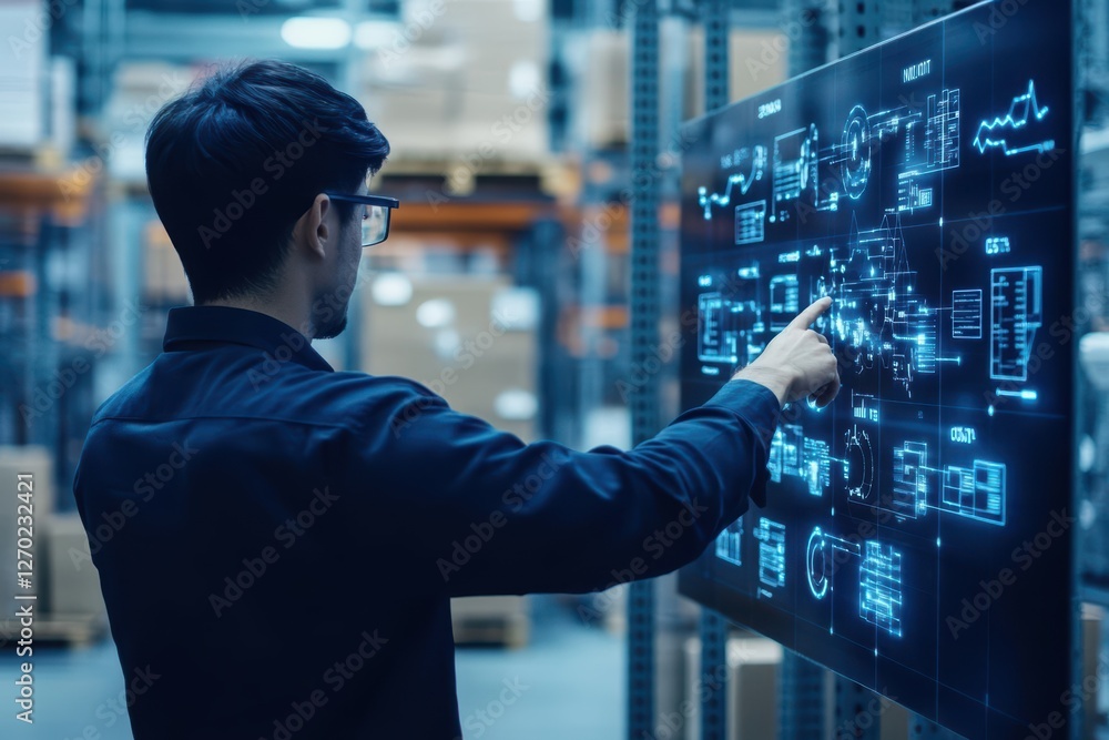 Poster focused man analyzing complex data on large screen in industrial warehouse environment conveying con