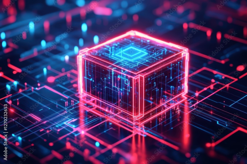 Poster Futuristic Glowing Cube with Illuminated Lines and a Vibrant Red Light Creating a Dynamic and Engaging Visual Experience in a Dark Environment