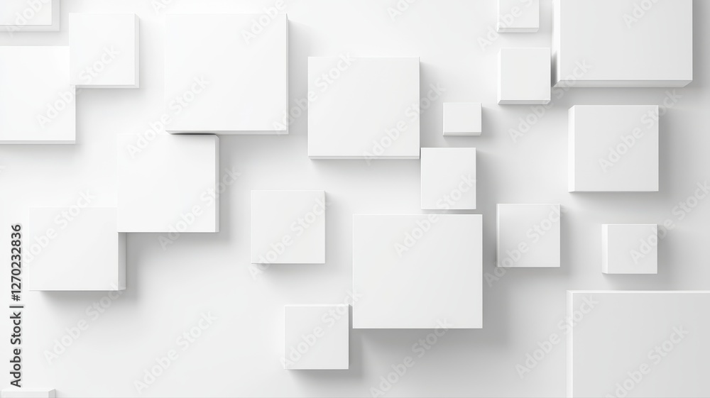 Poster abstract white geometric 3d square pattern with shadows on a minimalist background.