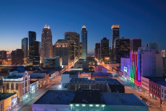 Dramatic aerial view of Detroit skyline at twilight, featuring skyscrapers and city lights, with cool blue tones and vibrant building illumination