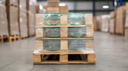Obraz premium Wooden Pallet Stacked with Glass Jars in a Warehouse Environment