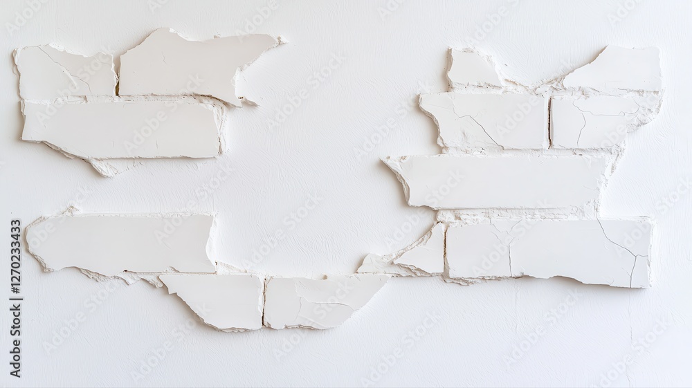 Poster abstract white plaster wall texture with scattered cracks, creating minimalistic design elements.