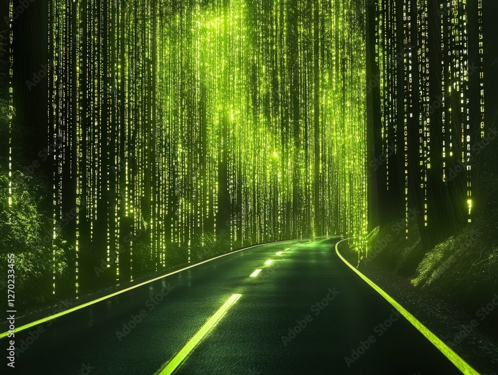 Poster an illuminated road through a forest of digital code streams