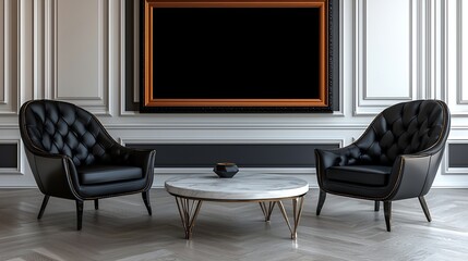 Luxurious Living Room Interior With Black Armchairs Marble Table Empty Frame