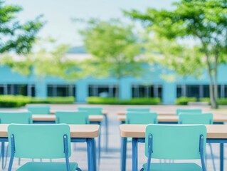 Fototapeta premium Vibrant Row of Blue Chairs in Modern Outdoor Setting Evoking a Relaxed Atmosphere Surrounded by Lush Greenery Under Clear Blue Sky