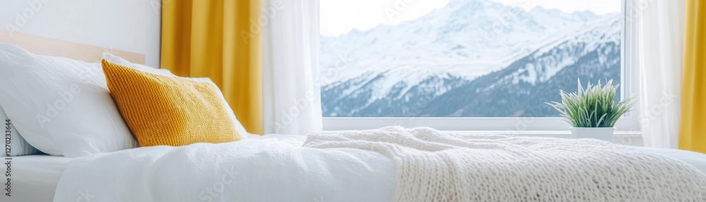 Poster cozy bedroom scene featuring a soft yellow blanket and plush pillows on a comfortable bed creating a