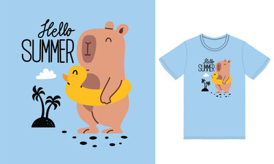 Cute capybara summertime illustration with tshirt design vector