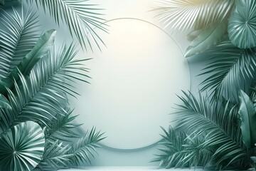 Obraz premium 3D Render: White Circle with Glass and Crystal Edges on White Background. Minimalistic Design Featuring Palm Leaves, Crystals, and Iridescent Colors Floating in Space.