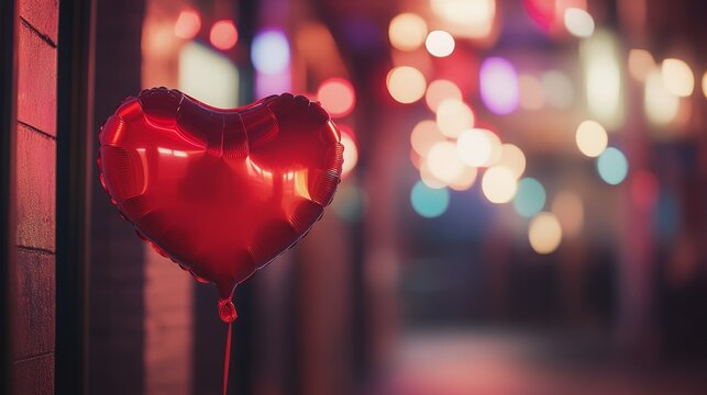 A single red heart-shaped balloon hangs against a blurred backdrop of warm, colorful city lights.  Romantic and dreamy vibes.