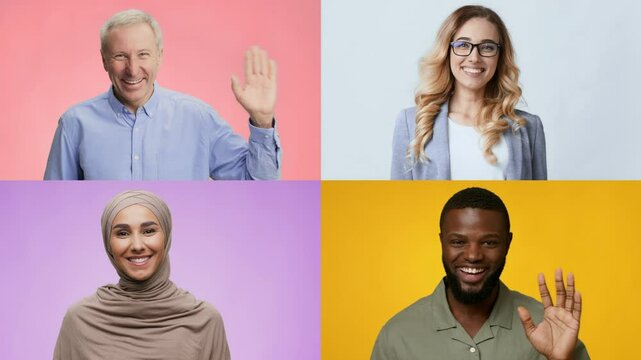 A collage of four individuals from diverse backgrounds waving hello. Each person is smiling and expressing joy through their welcoming gestures.