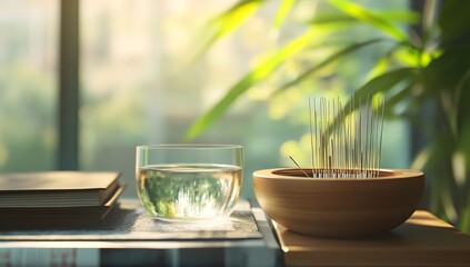Peaceful Zen incense burner, water glass, and books by window