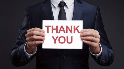 Man in suit holding thank you sign toward the camera