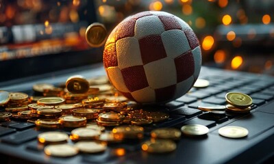 A vibrant scene of a soccer ball on a laptop keyboard surrounded by golden coins, with a blurred background suggesting a gaming or betting environment - Powered by Adobe