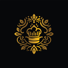 Golden chef hat in ornate frame.