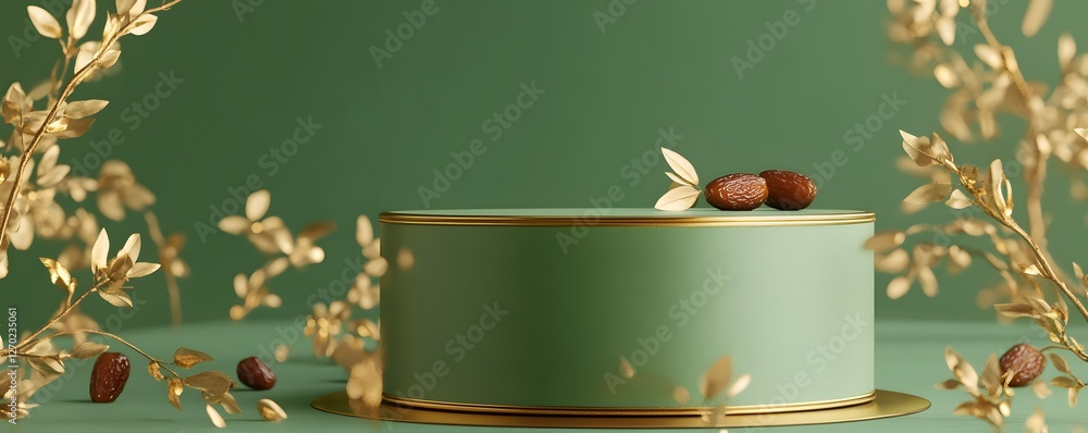 Poster minimalist product showcase with dates golden branches and green background