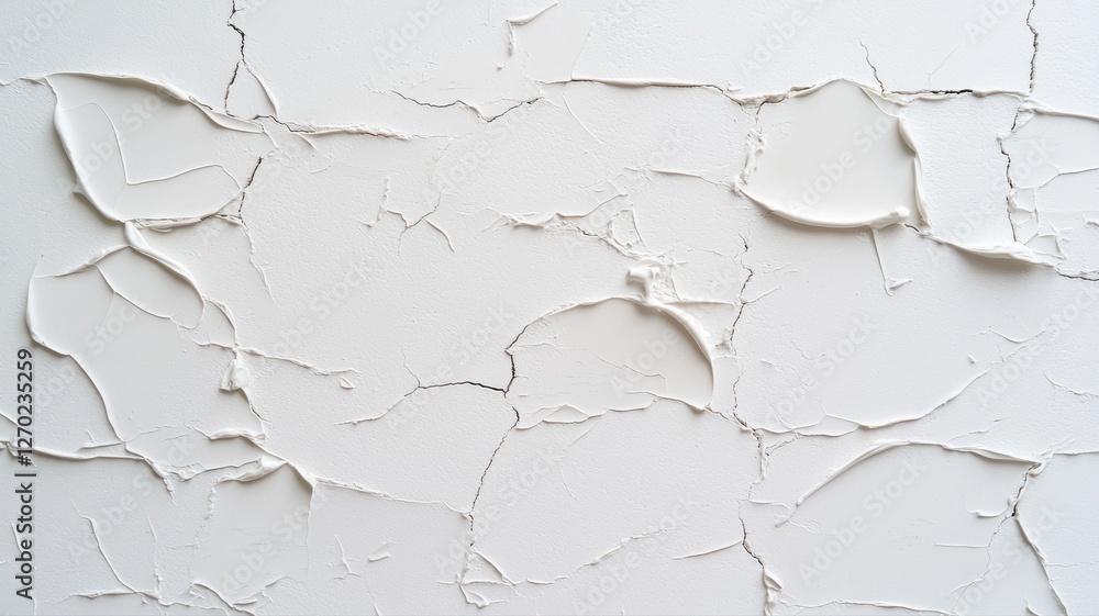 Poster close-up of a textured white cracked wall surface showing various patterns and abstract shapes.