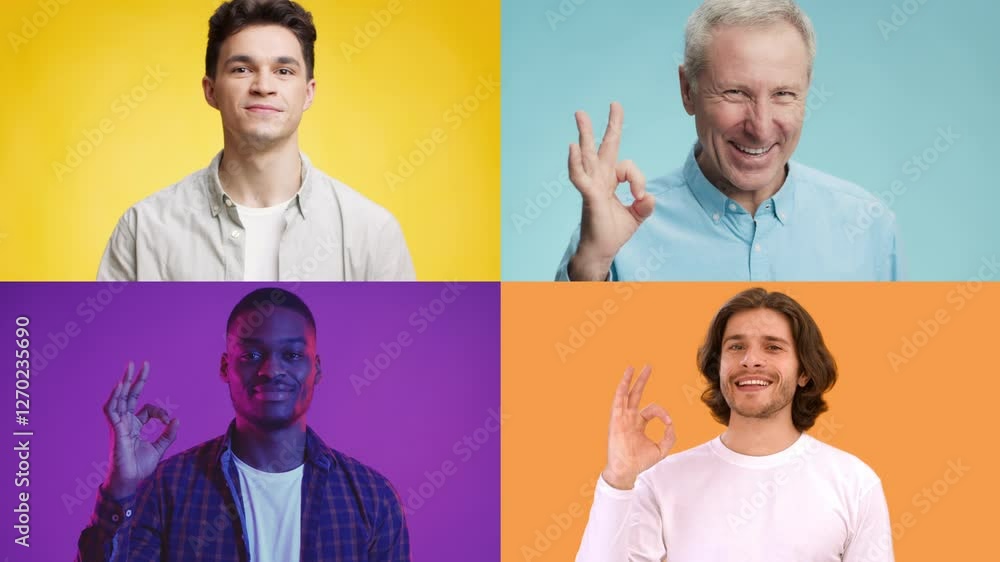Aufkleber four men from different backgrounds are expressing the okay gesture with their hands. each is set ag