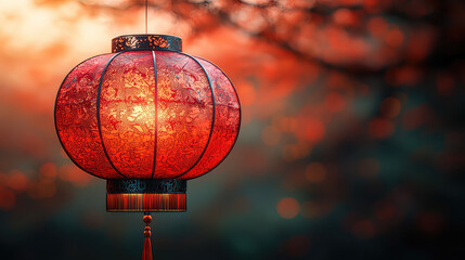 Illuminated red lantern hanging from a tree branch at sunset.