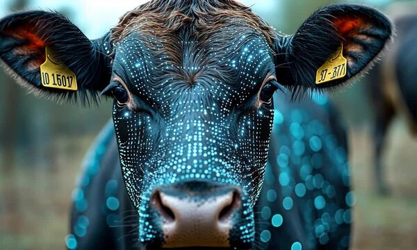 Close-up of a cow with unique dotted patterns in a rural setting, surrounded by nature