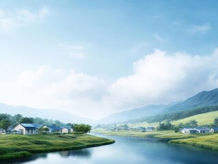 Fototapeta premium Tranquil Body of Water Surrounded by Lush Greenery and Vibrant Flora Reflecting Calm Blue Sky Creating a Peaceful Natural Oasis in Nature