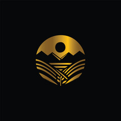 Golden sun, mountains, and farmlands.