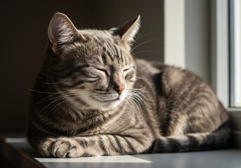 Naklejka premium Sunlit Tabby Cat Relaxing by Windowsill