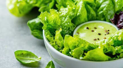 Obraz premium Fresh green lettuce salad served with creamy herb dressing in a white bowl under bright lighting.