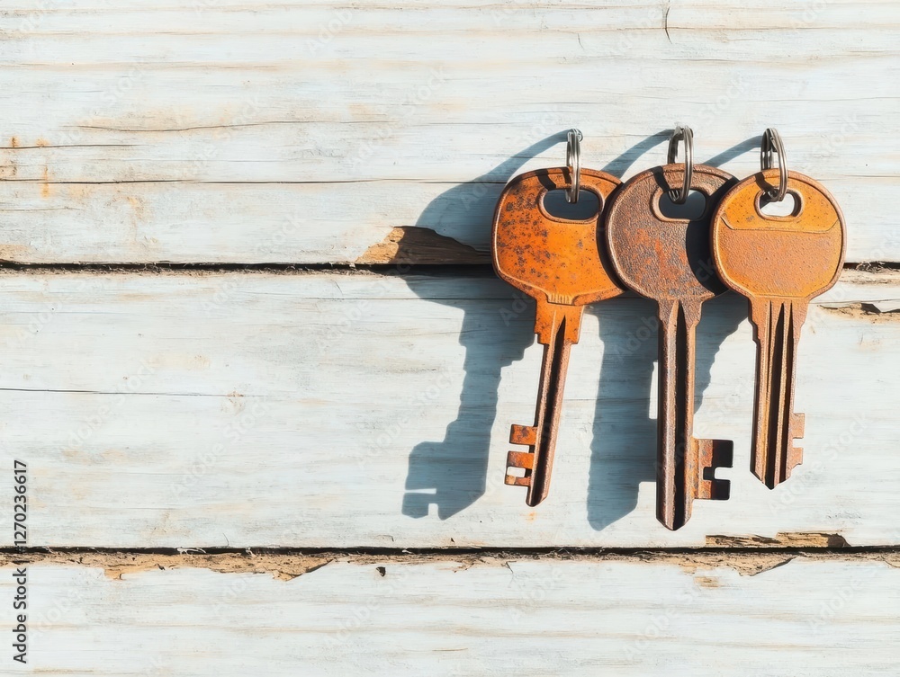 Poster two rusty keys resting on a weathered wooden surface evoking a sense of mystery and history in an ar
