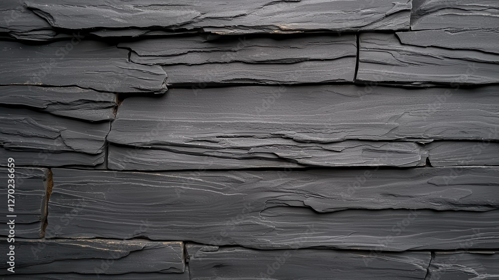 Poster close-up of dark slate stone wall, showcasing texture and natural pattern, ideal for architecture an