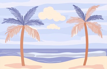 Obraz premium Serene Tropical Scene with Palms and Gentle Waves Under a Soft Blue Sky and Fluffy Clouds