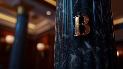 Marble Column with Golden Letter B Decoration Interior Close Up Shot