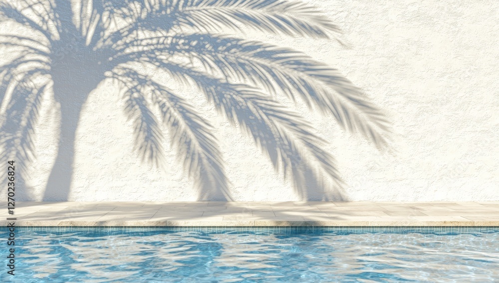 Poster serene poolside scene with palm tree shadow casting on white wall and sparkling water surface