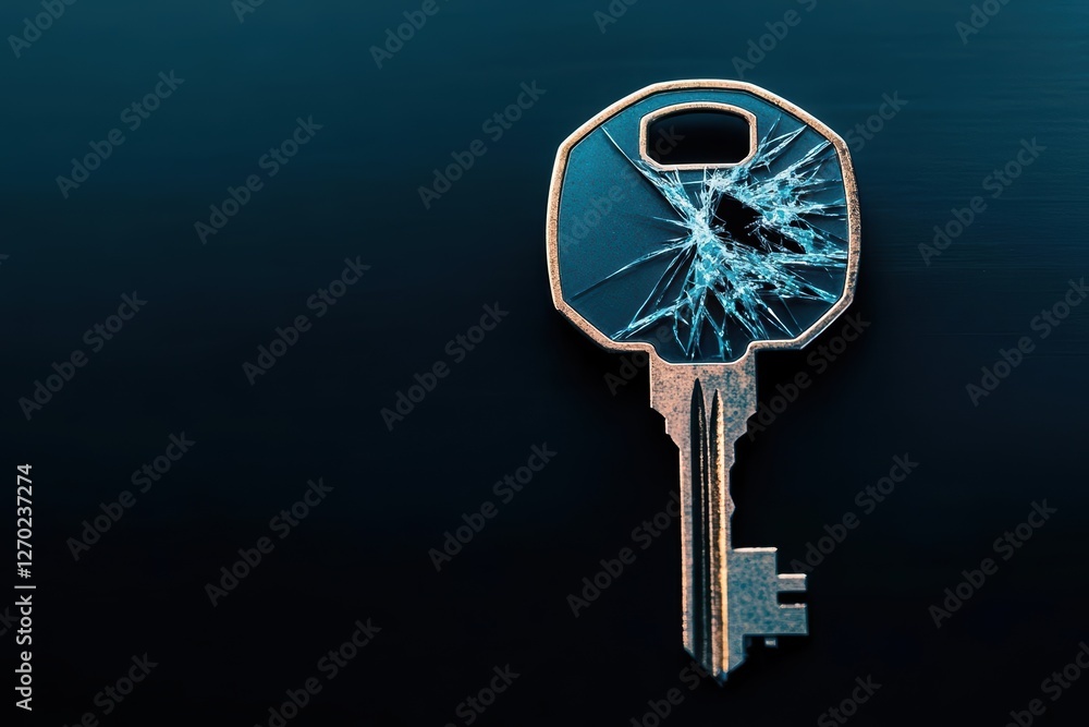 Poster a close up view of a broken key resting on a glossy black surface highlighting the textures and shad