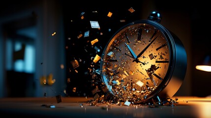 Metallic 3D Clock with Financial Icons Shattering on Wooden Surface