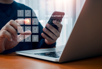 Two factor authentication or 2FA concept. Verification code with numbers pad press by man hand while using smart phone and laptop computer, validate password, secure steps, cyber security technology.